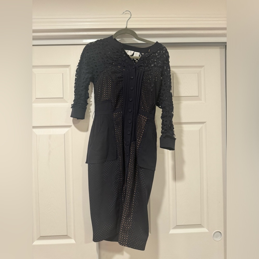 Byron Lars Beauty Mark, navy blue patterned mid length dress.